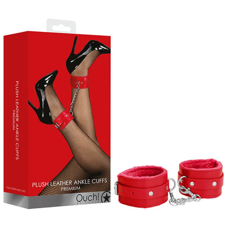 OUCH! Plush Leather Ankle Cuffs - Red